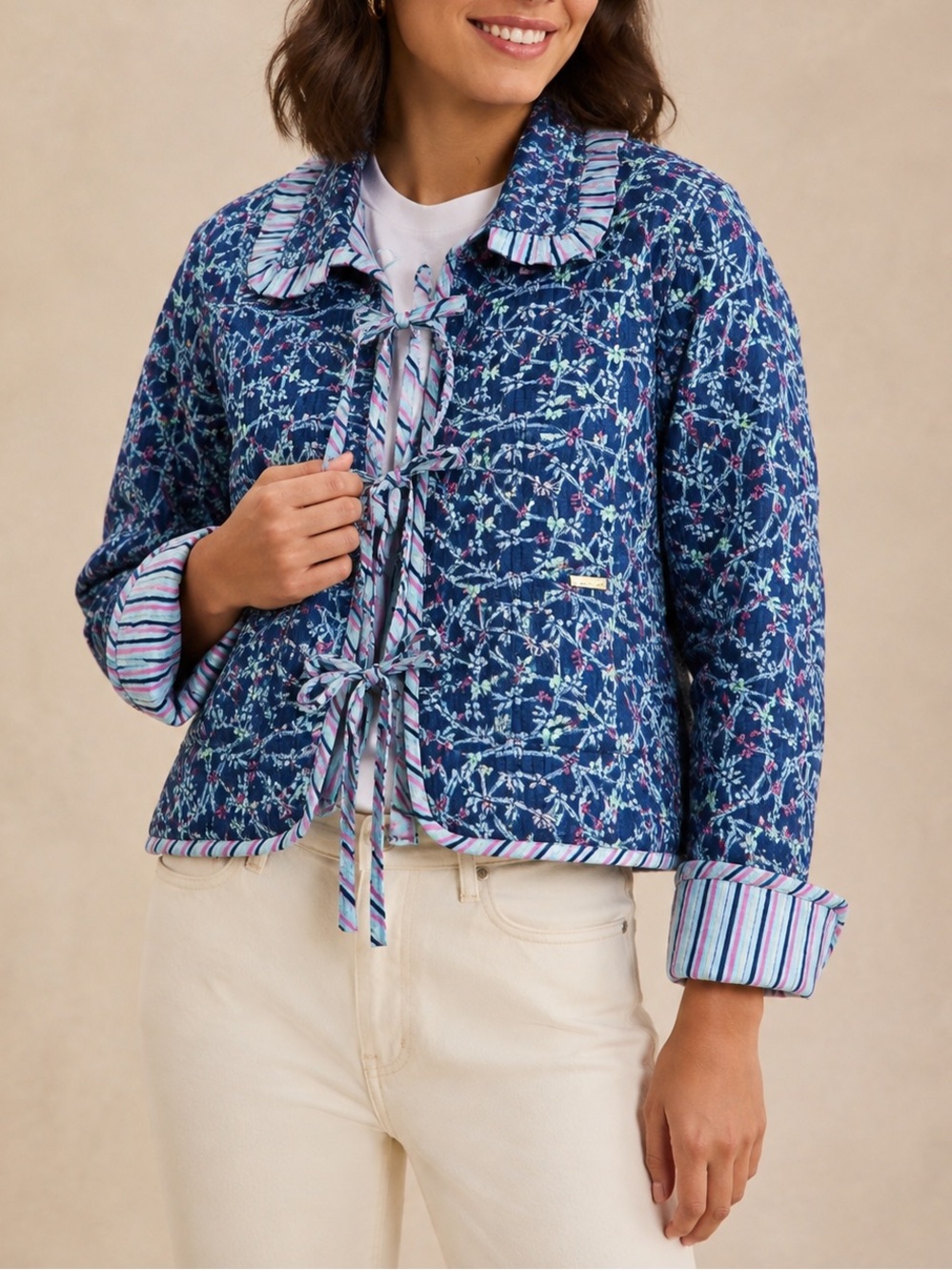 Simply Southern Ophelia Quilted Ribbon Tie Jacket Floral Cotton Blue M NWT